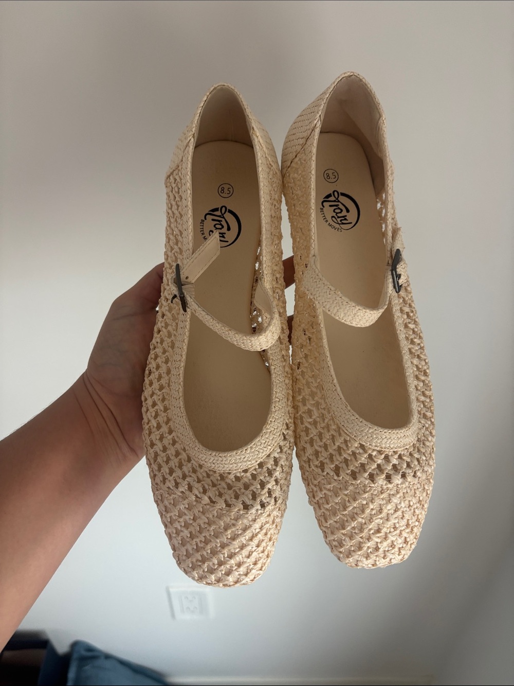 Crochet Mary Jane Flats in Beige